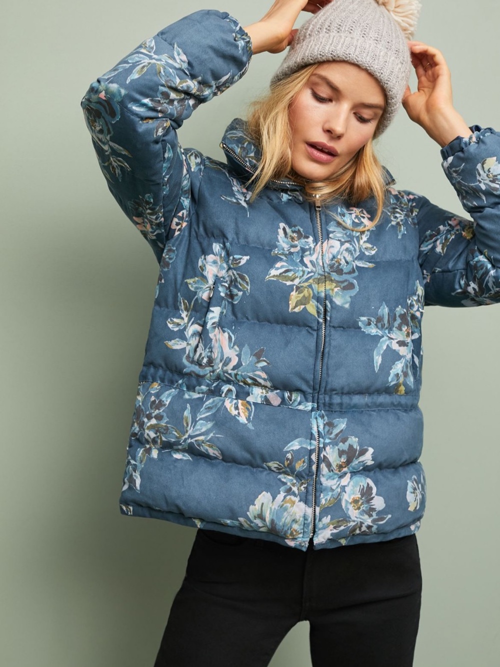 Anthropologie Ett Twa Floral Puffer Coat - Blue Quilted Jacket